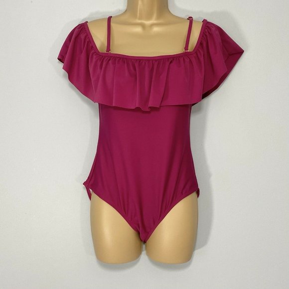 Funny Girl Flounce Ruffle Cold Shoulder Swimsuit Womens Size M Wine Burgundy - Picture 2 of 6